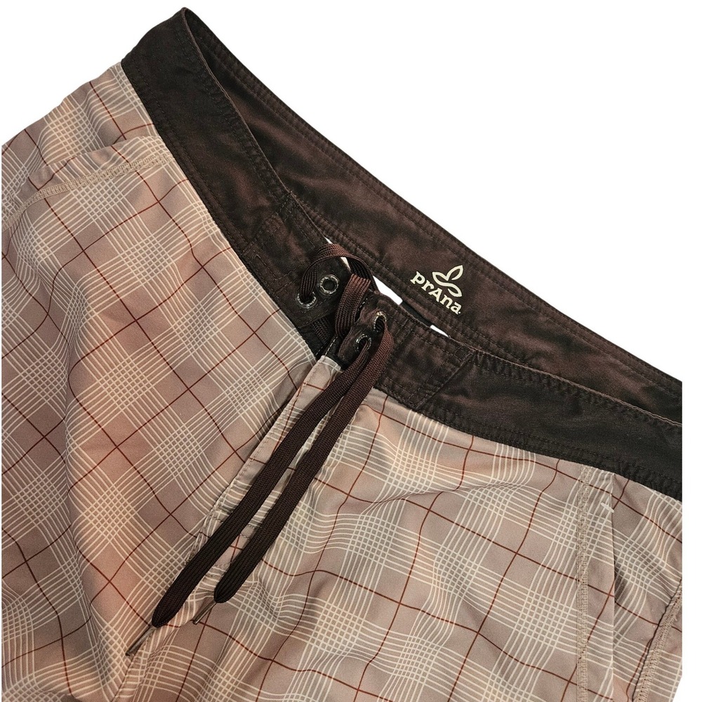 Prana Board Shorts Mens 36 Brown Plaid Quick Dry Swim Trunks Zipper Pocket